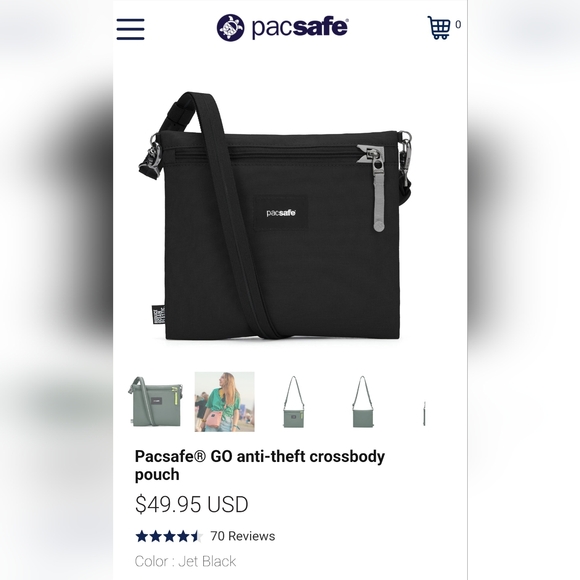 NWT Pacsafe GO Anti-Theft Crossbody Pouch Bag Black - Picture 1 of 13